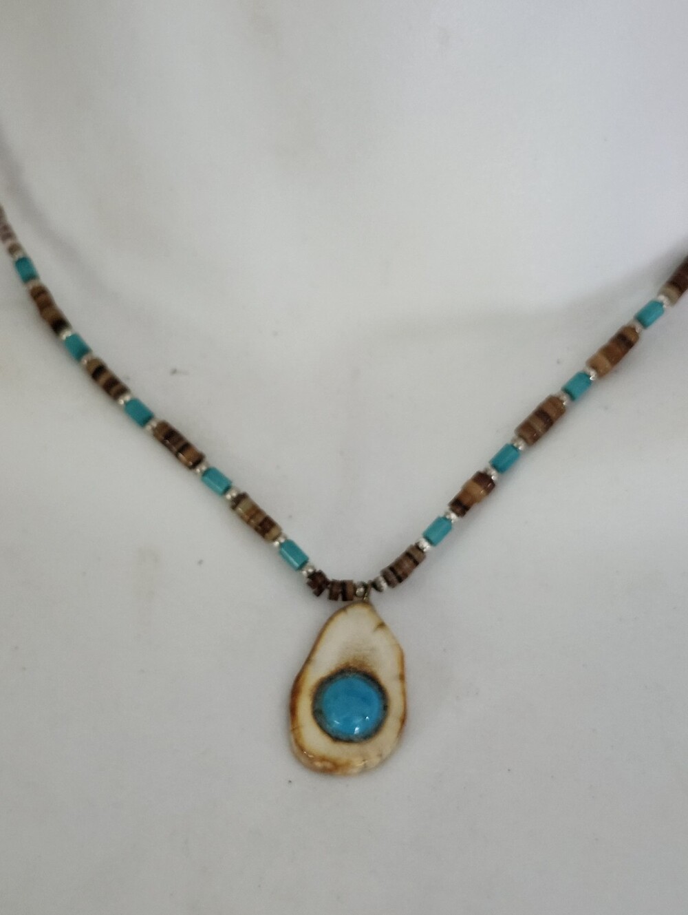Turquoise Bone Pendant Beaded Necklace - 17 Inches